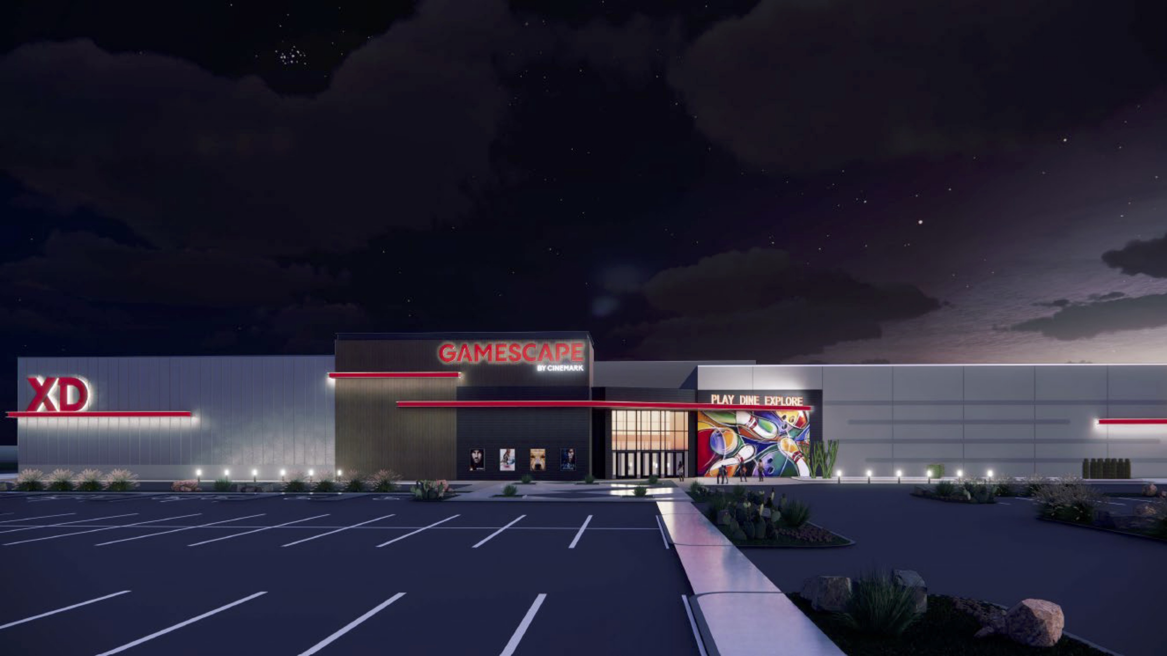 Gamescape by Cinemark exterior night rendering